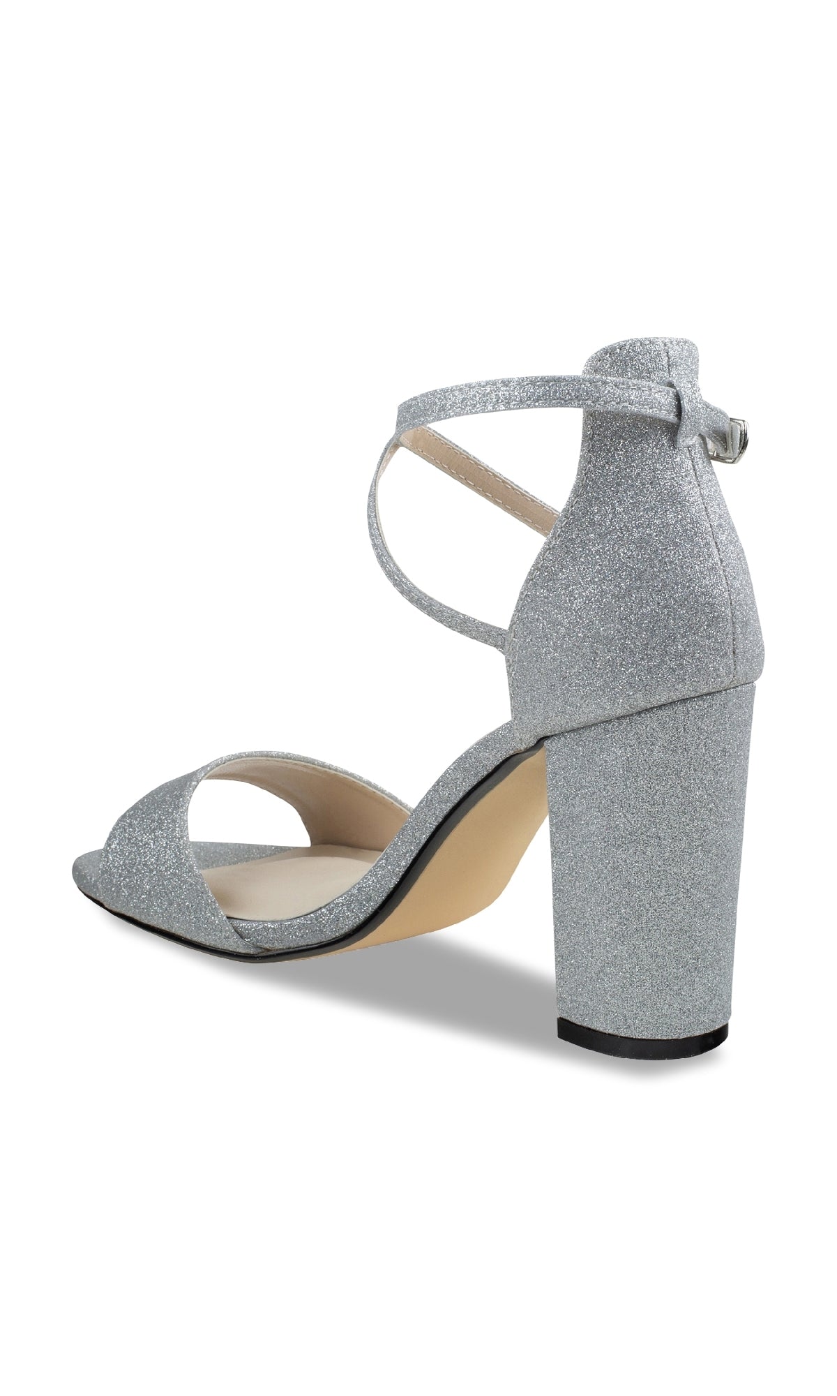 The Jordy Silver Glitter Prom Shoes: Touch Ups 4629 feature a block heel, open toe, and ankle strap in silver glitter, shown from the back.